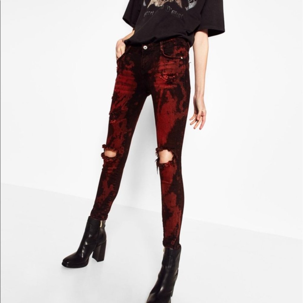 ZARA Red/Black Distressed Jeans - Picture 4 of 6